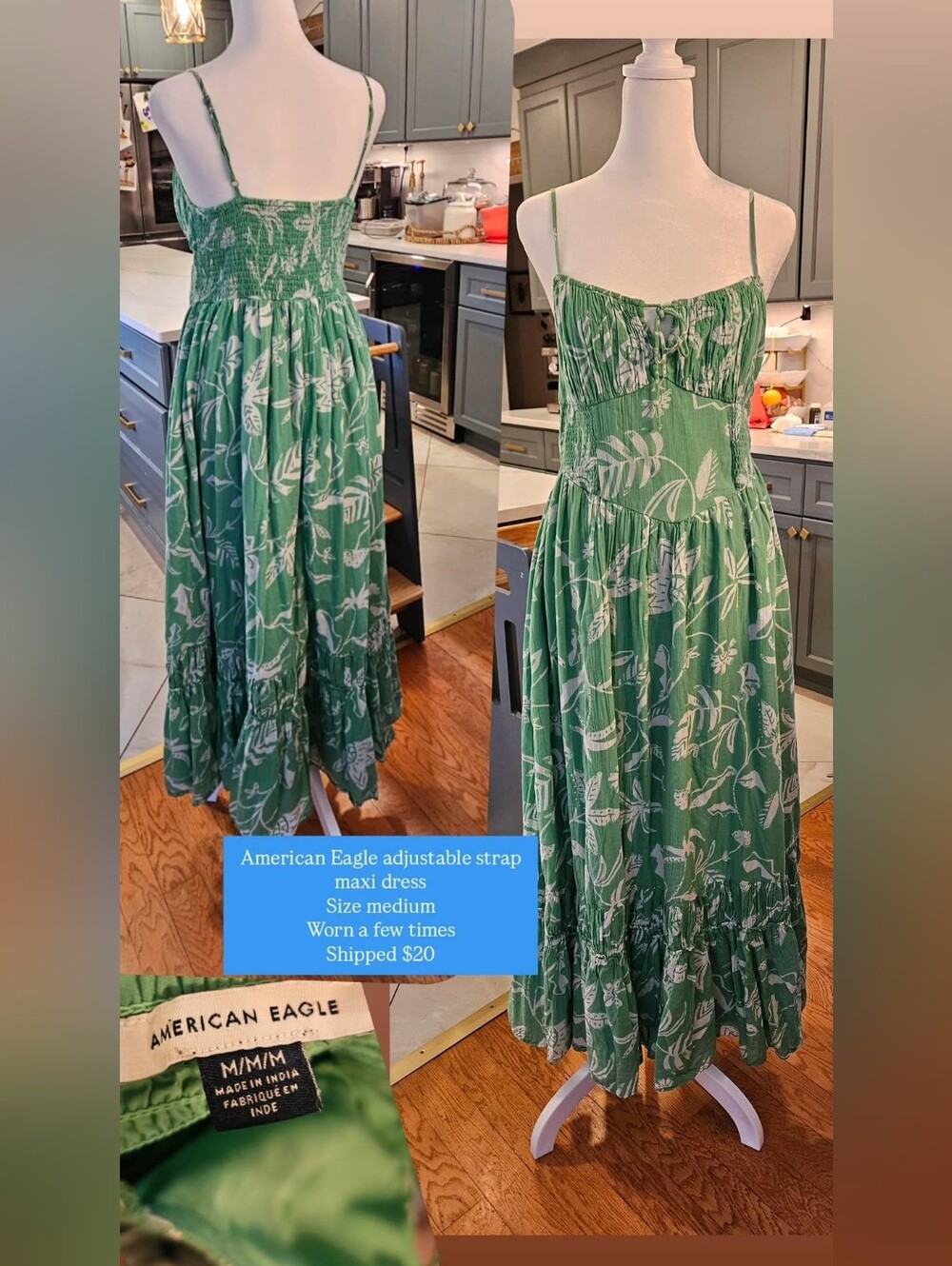 American Eagle Outfitters Green & White Floral Adjustable-Strap Maxi Skirt